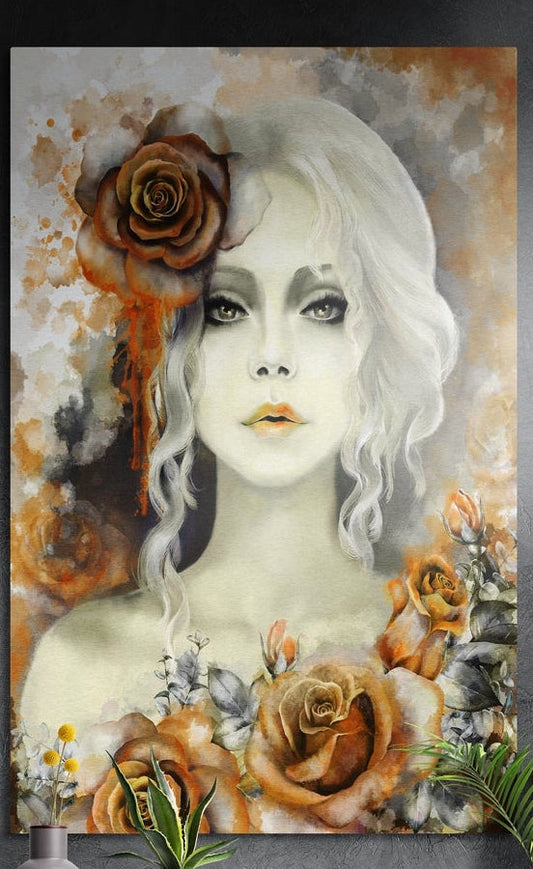 White haired woman with orange watercolor roses, brushed aluminum wall art on a dark gray wall above plants