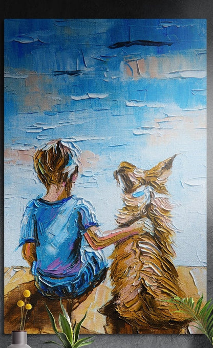 Boy and dog watching the sky brushed aluminum wall art on a dark wall above a vase and plants