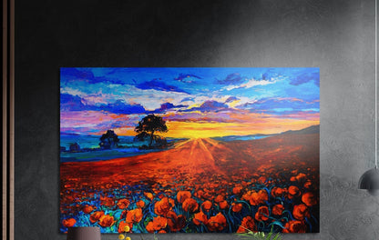 Red poppy field at sunset, brushed aluminum wall art on a dark gray wall beside a black wall lamp