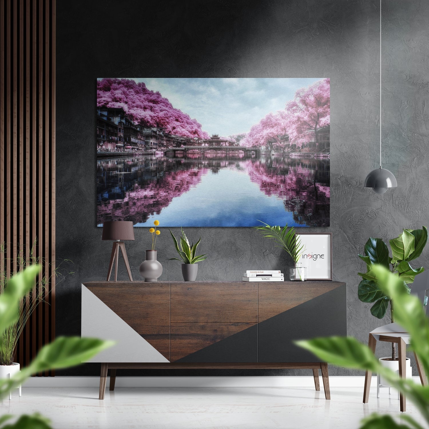 Pink blossom canal reflection metal wall art