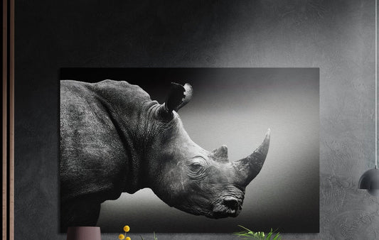 Black and white rhino in profile, brushed aluminum wall art on a gray wall above a vase and a plant