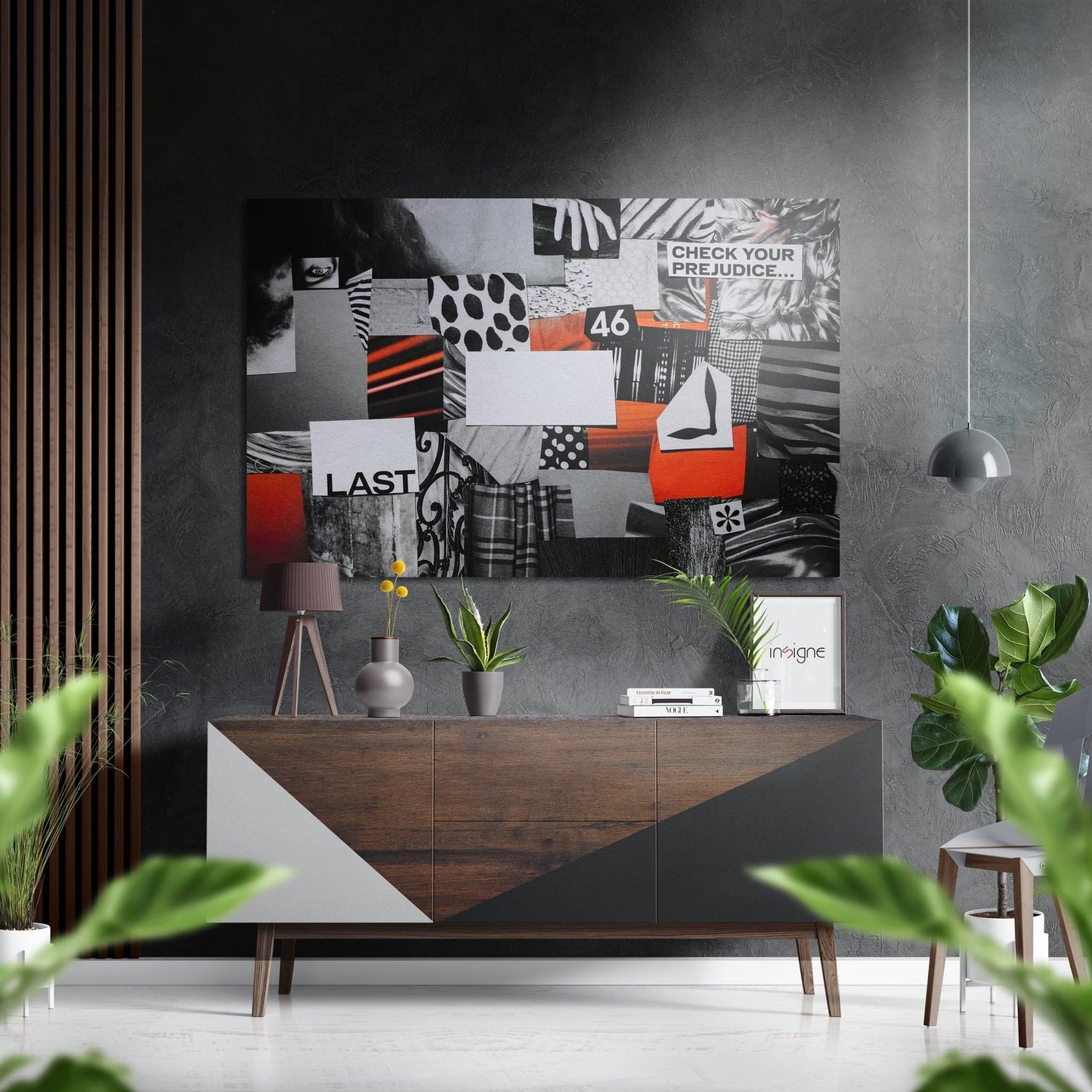 Red and black magazine collage metal wall art