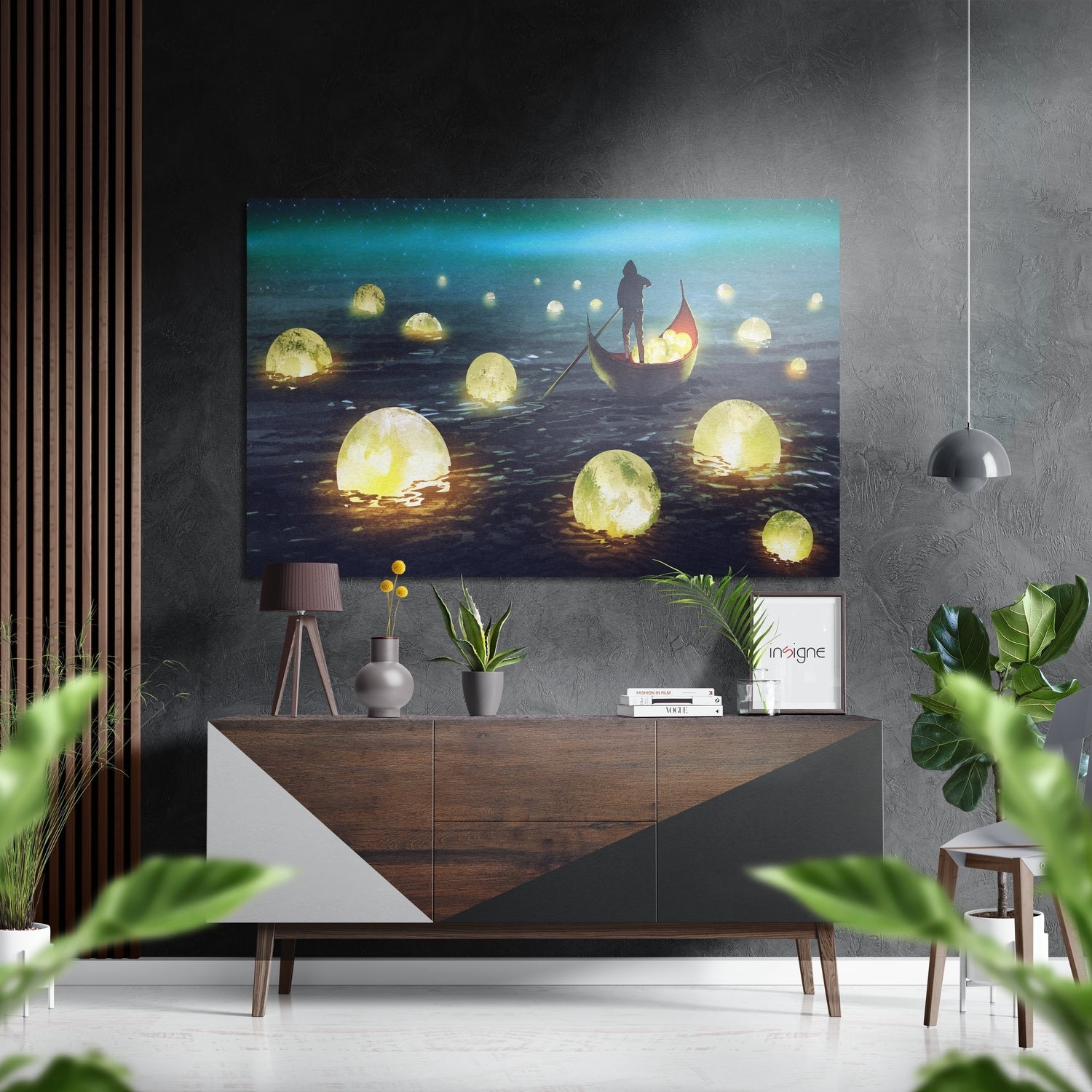 Glowing moons floating sea boat metal wall art