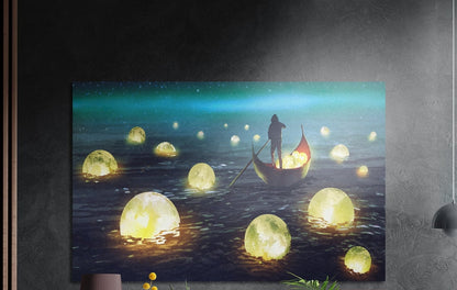 Glowing moons floating on the sea around a boat brushed aluminum wall art on a gray concrete wall