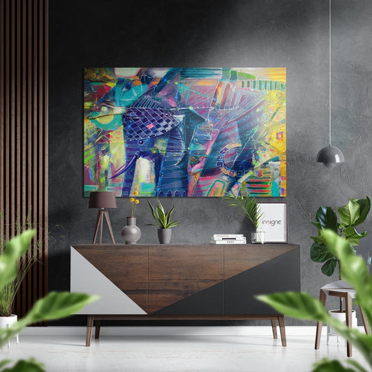 Abstract geometric elephant on brushed aluminum dibond, modern animal metal wall art