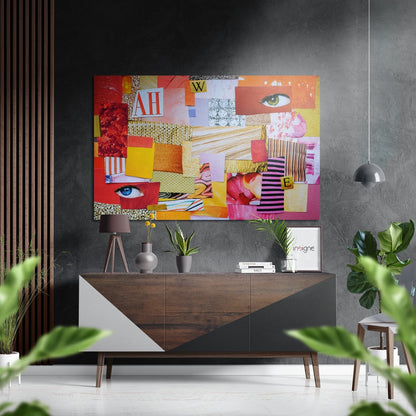 Orange pink collage with eyes metal wall art