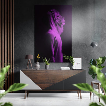 Purple Hoodie Lion Portrait metal wall art with violet duotone design