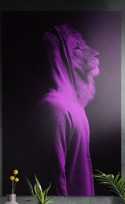 Lion in a purple hoodie in profile, brushed aluminum wall art on a gray wall above a vase and plants
