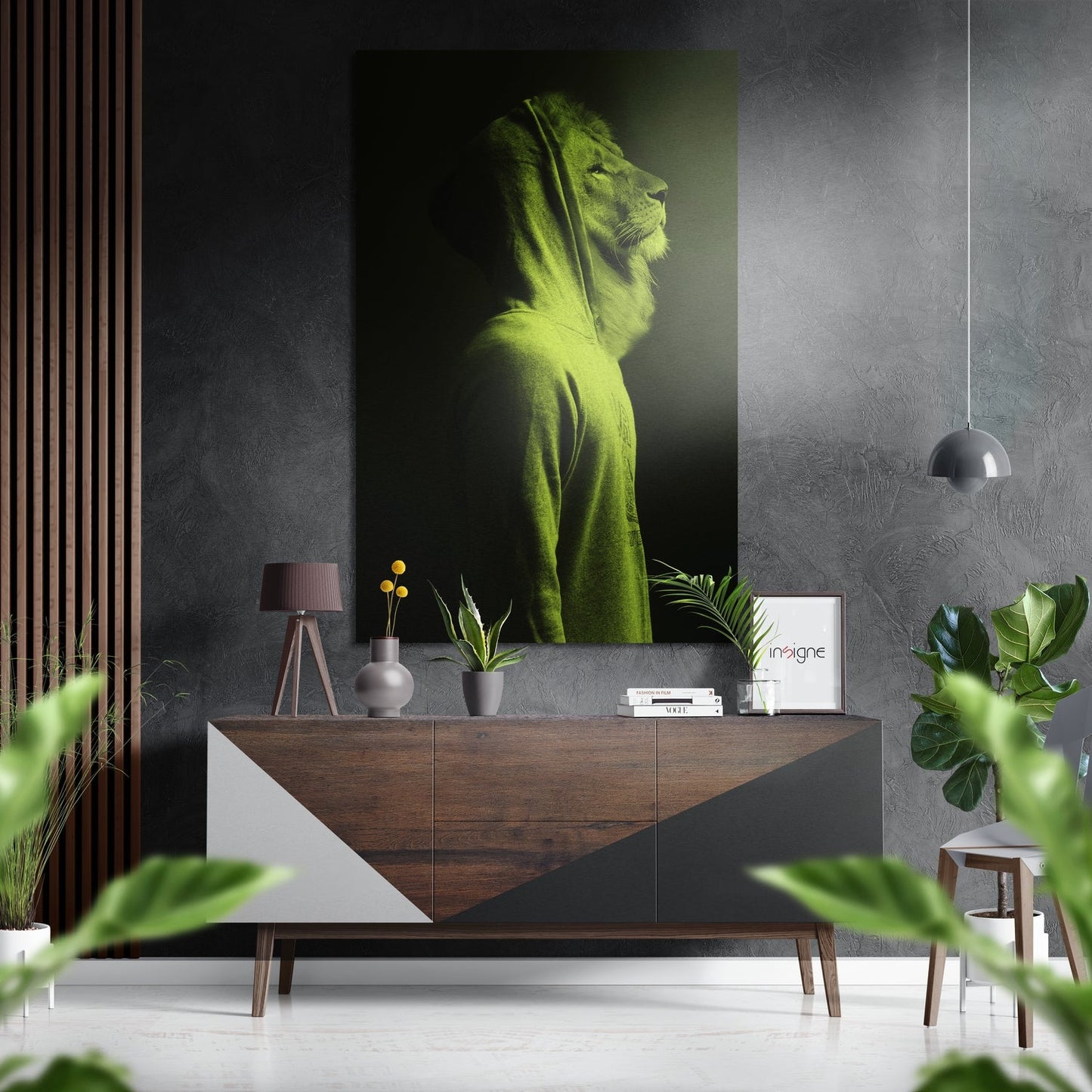 Lime green hoodie lion portrait metal wall art