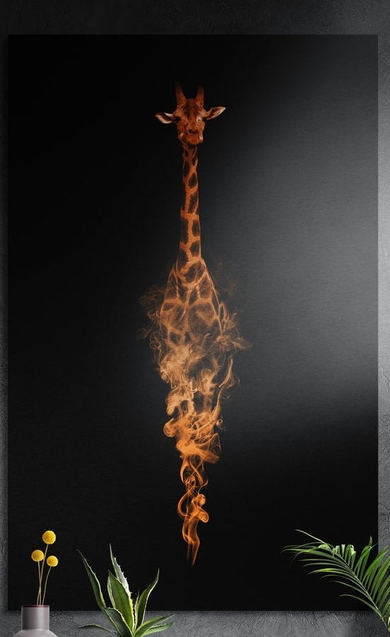 Orange giraffe formed from curling smoke on a black background, brushed aluminum wall art on a dark wall