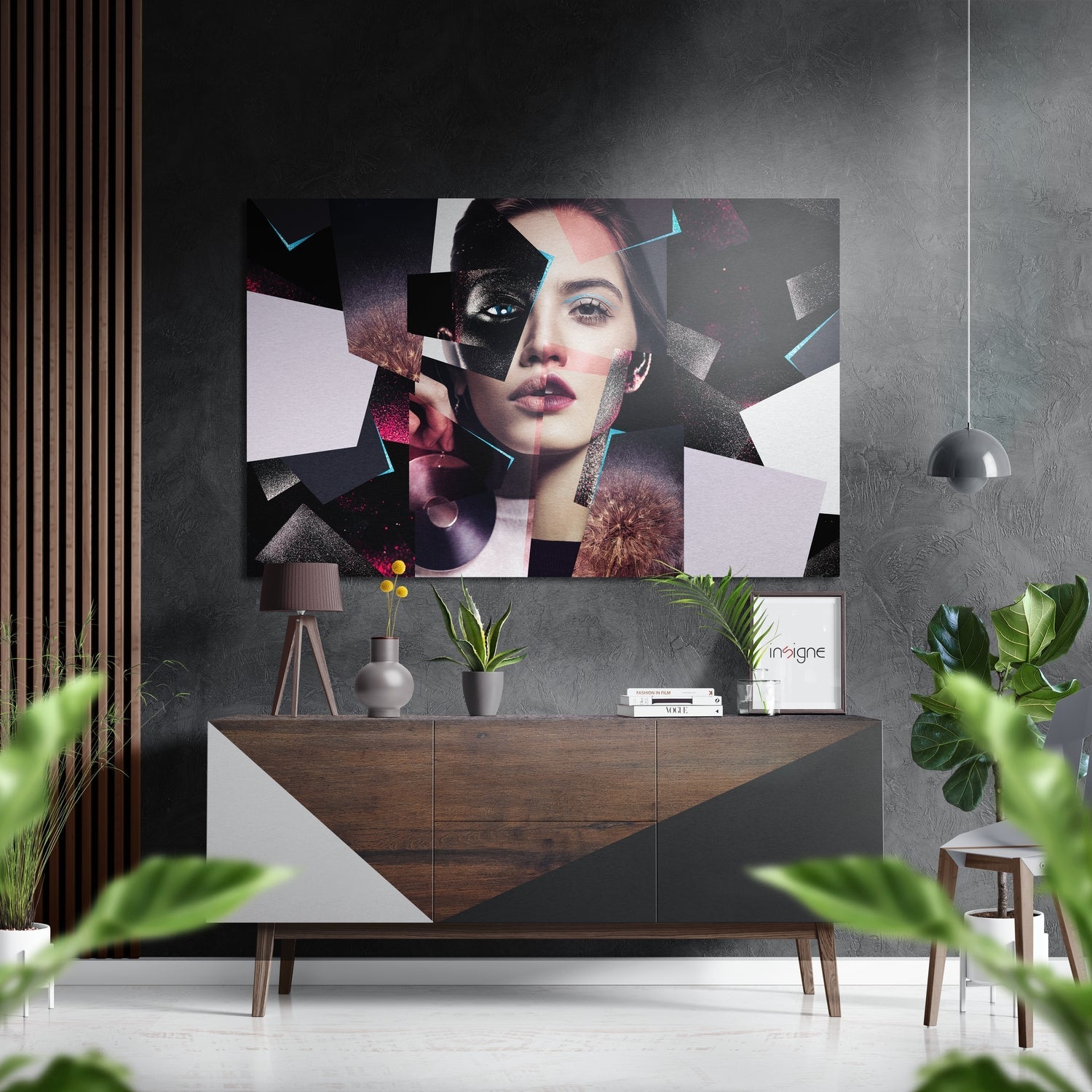 Fragmented collage woman metal wall art abstract design