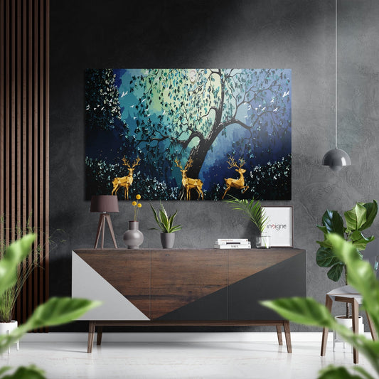 Golden Deer Under Teal Tree metal wall art