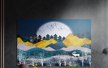 Gold mountains with full moon and birches brushed aluminum wall art on a gray concrete wall with plants below
