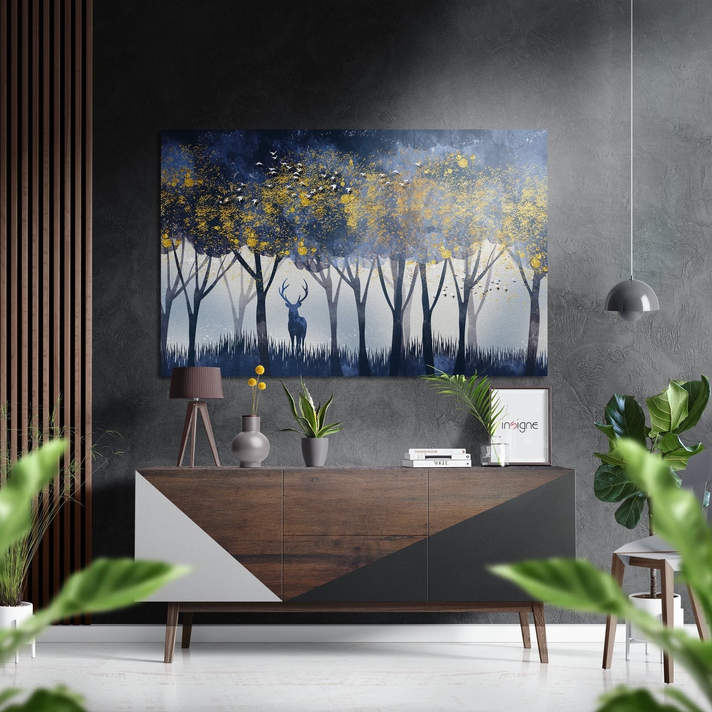 Stag silhouette golden forest metal wall art