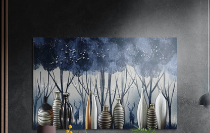 Striped black and white vases with deer in a misty blue forest brushed aluminum wall art on a dark wall above a lamp