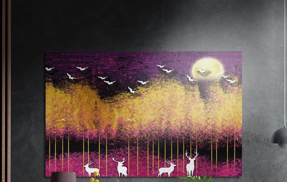 White deer under a purple and gold moon brushed aluminum wall art on a dark gray wall above a mauve lamp