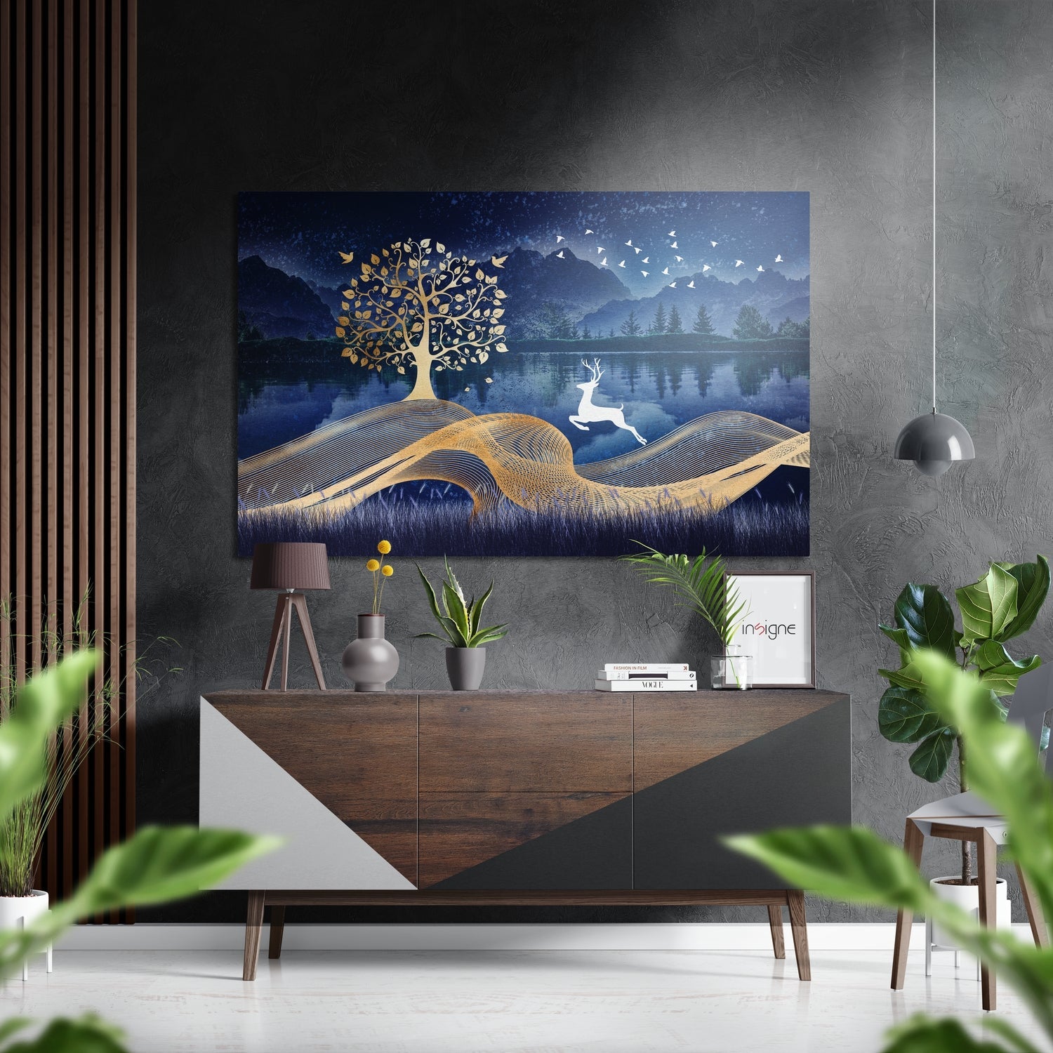 Leaping White Deer Gold Tree Lake metal wall art