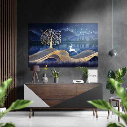 Leaping White Deer Gold Tree Lake metal wall art
