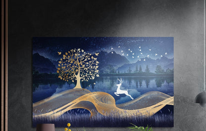 White deer leaping past a golden tree by a blue mountain lake at night, brushed aluminum wall art on a dark wall