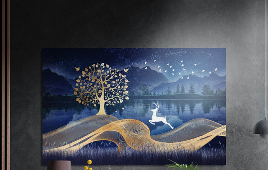 White deer leaping past a golden tree by a blue mountain lake at night, brushed aluminum wall art on a dark wall