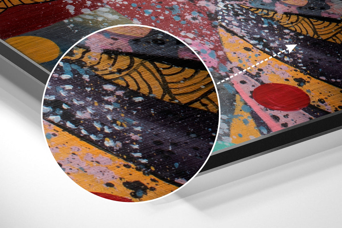 Magnified detail of the brushed metal grain showing through the hushing woman pop art print