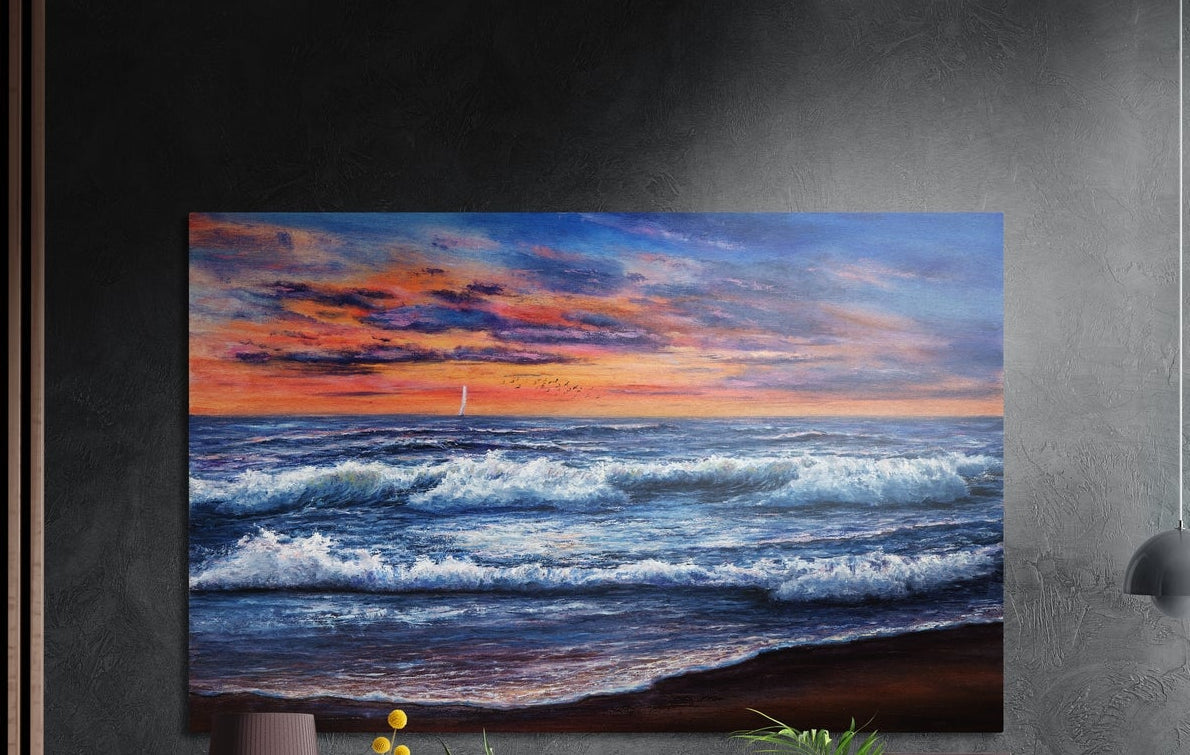 Rolling ocean waves at dusk brushed aluminum wall art on a dark textured wall