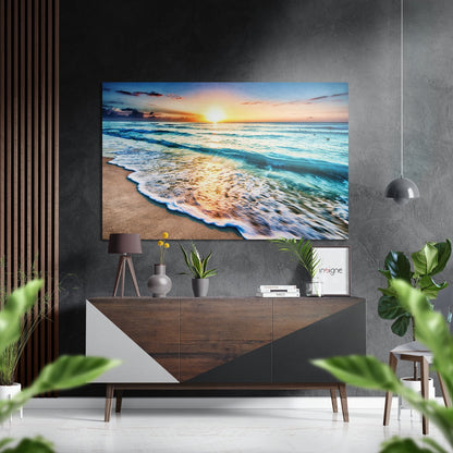 Beach sunset metal wall art in brushed aluminum