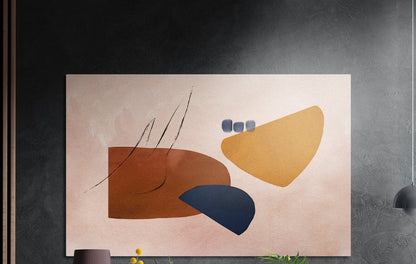 Terracotta, mustard and navy organic shapes on blush, brushed aluminum wall art on a dark textured wall