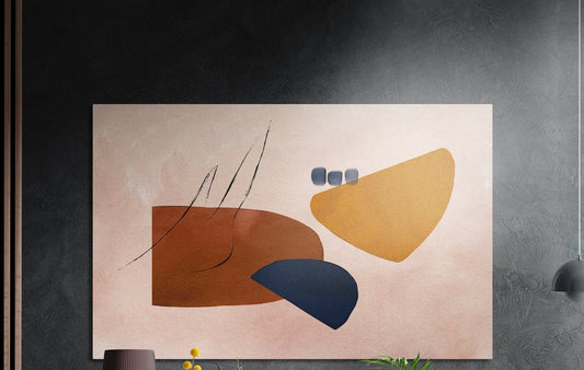 Terracotta, mustard and navy organic shapes on blush, brushed aluminum wall art on a dark textured wall