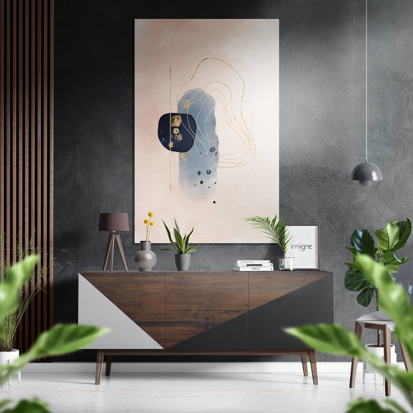 Navy blob gold loops brushed aluminum metal wall art