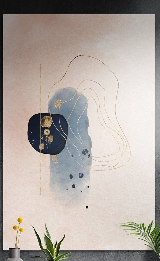 Navy and gold line loops on blush abstract brushed aluminum wall art on a dark wall above yellow flowers
