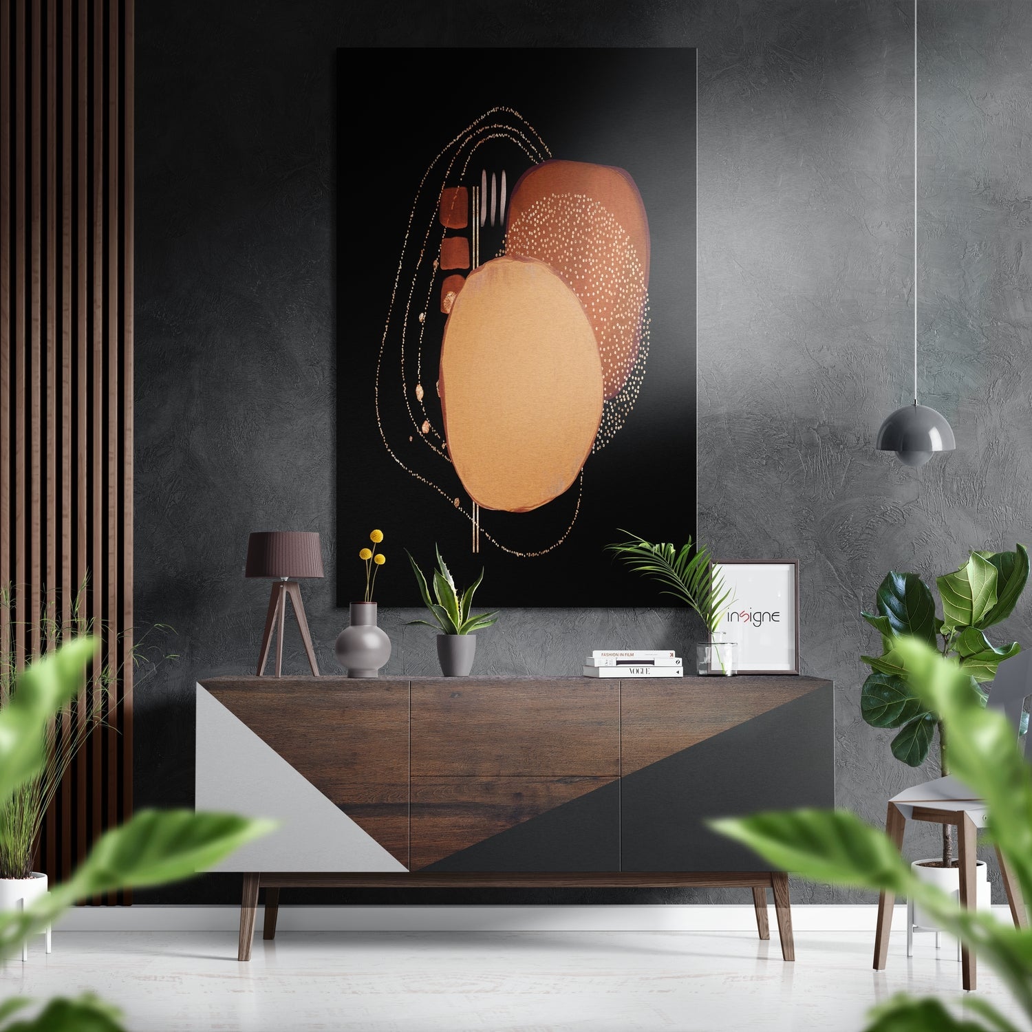 Copper ovals gold dots geometric metal wall art