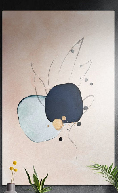 Navy and mint blobs on blush abstract brushed aluminum wall art on a dark wall above yellow flowers and plants