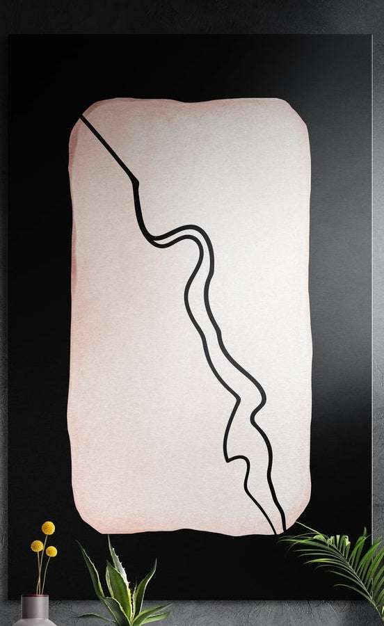 Single black wavy line on a blush white rounded shape on black, brushed aluminum wall art above a sideboard