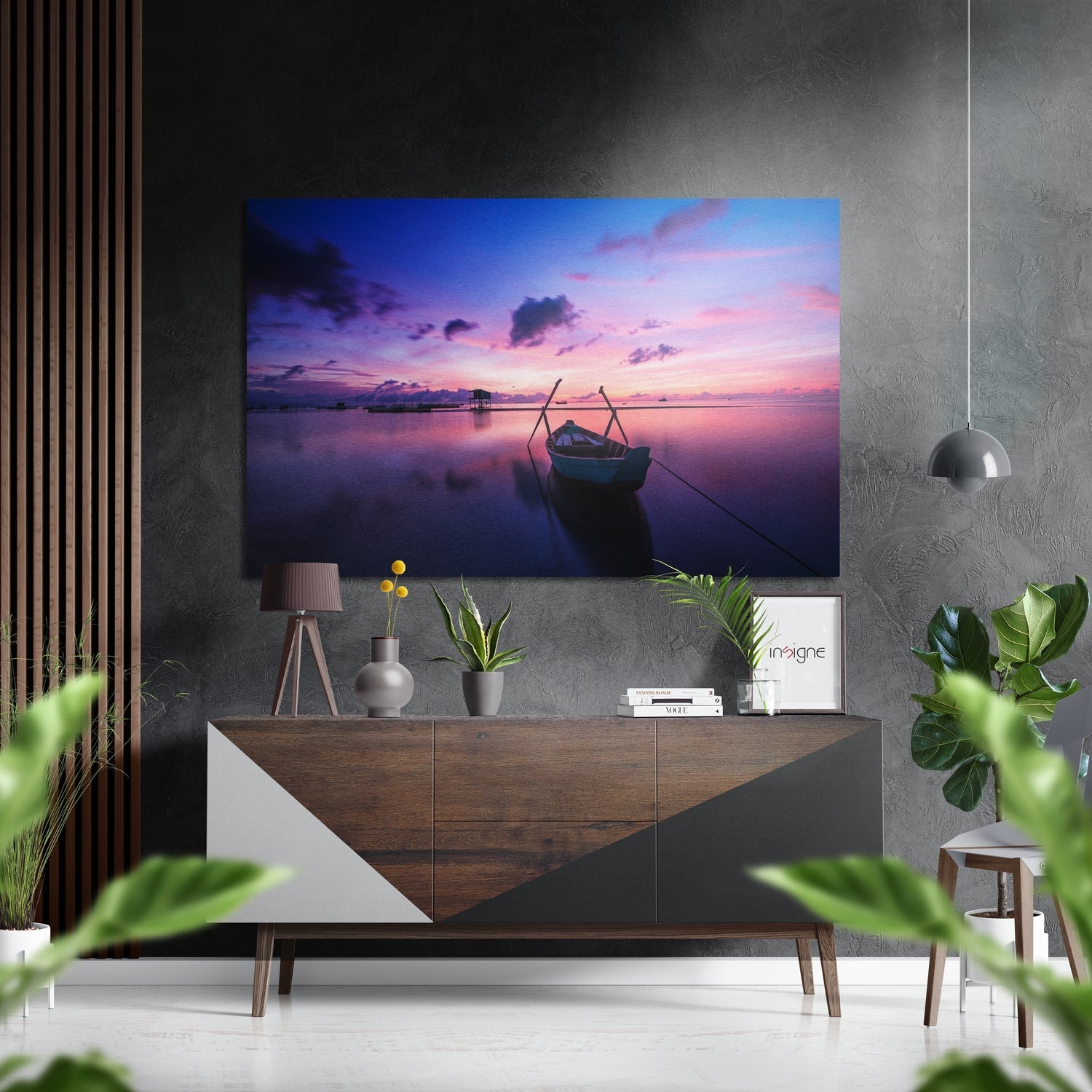 Lake sunset metal wall art in brushed aluminum