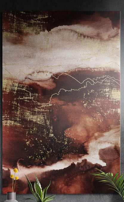 Burgundy and cream marble ink abstract brushed aluminum wall art on a dark wall above a vase and plants