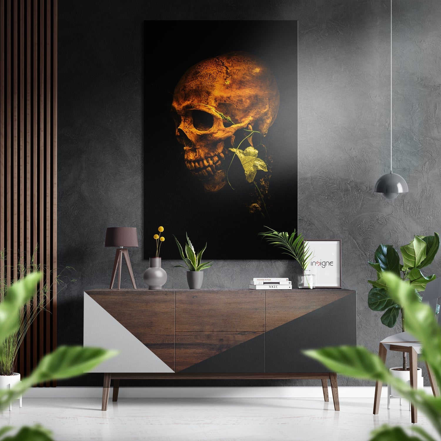 Golden Skull with Ivy metal wall art brushed aluminum dibond print