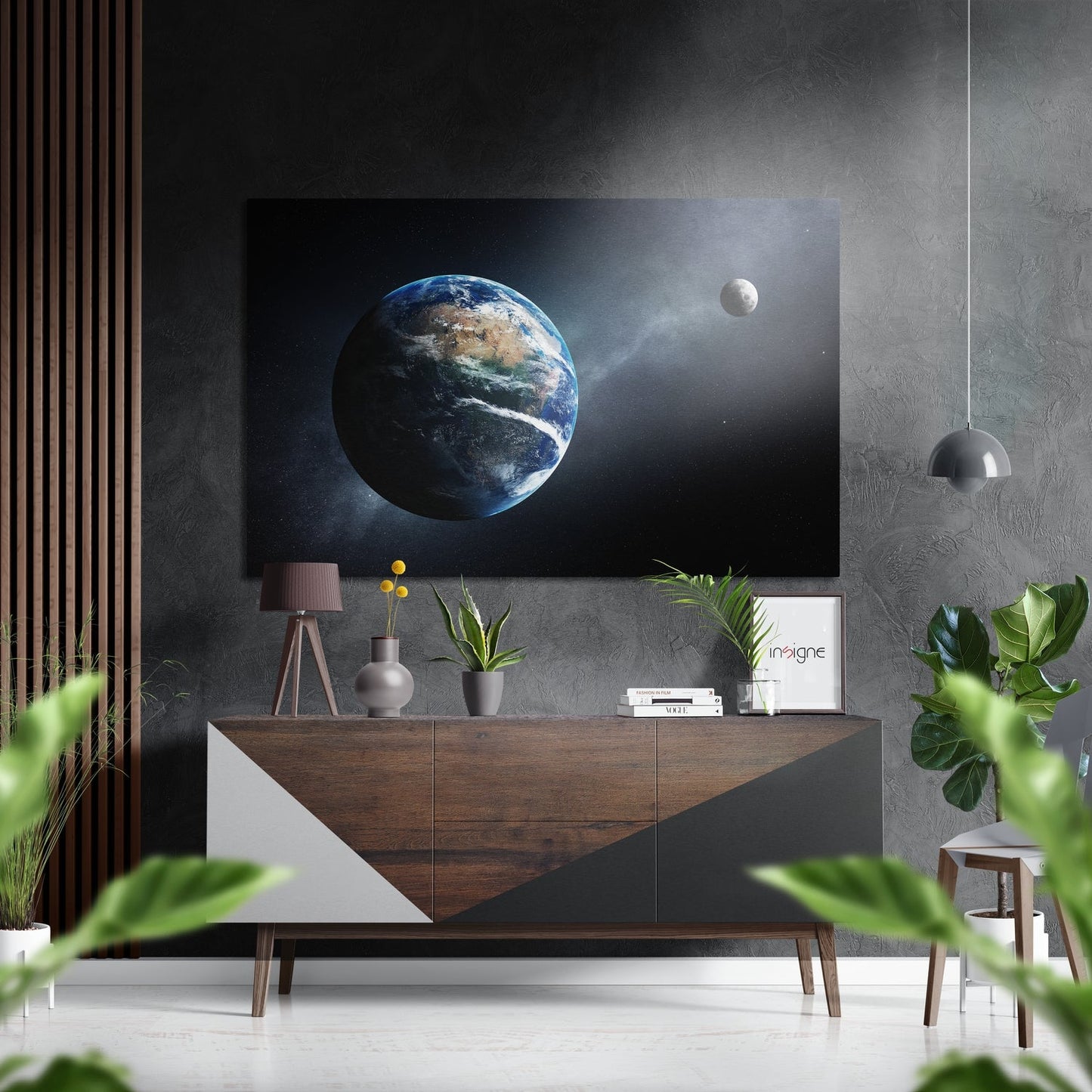 Earth and moon metal wall art print