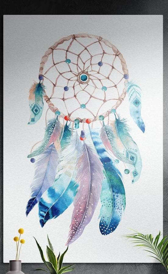 Watercolor dream catcher with turquoise and lilac feathers brushed aluminum wall art above yellow flowers and plants