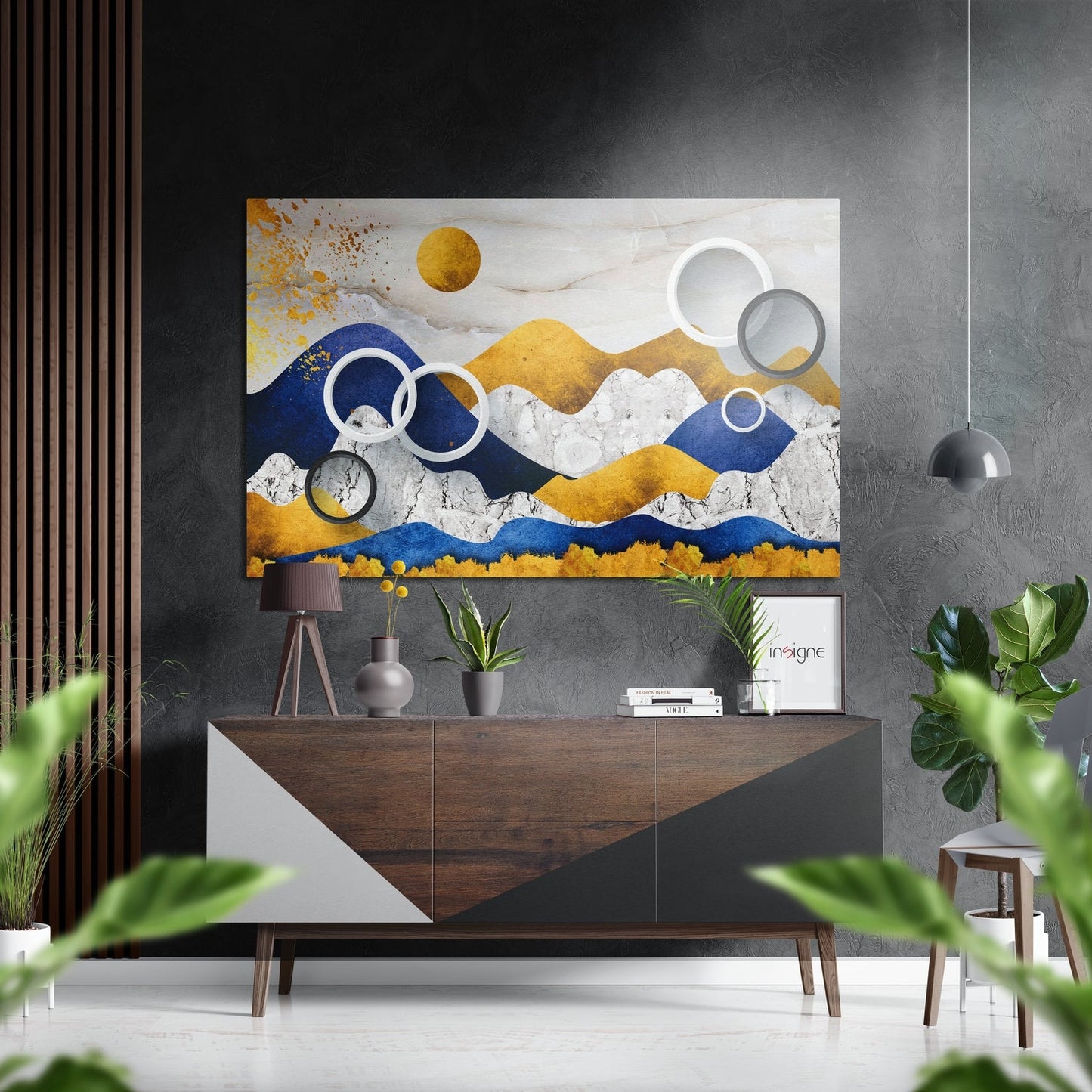 Wave-like layered mountains on brushed aluminum metal wall art