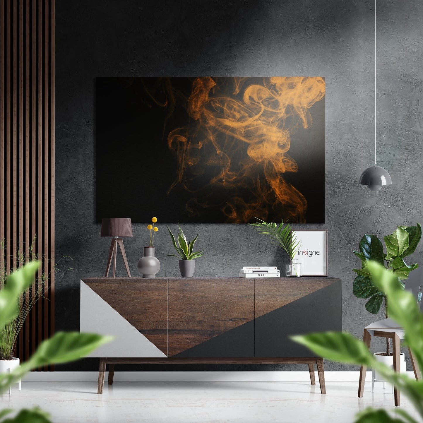 Orange Swirling Smoke on Black Metal Wall Art