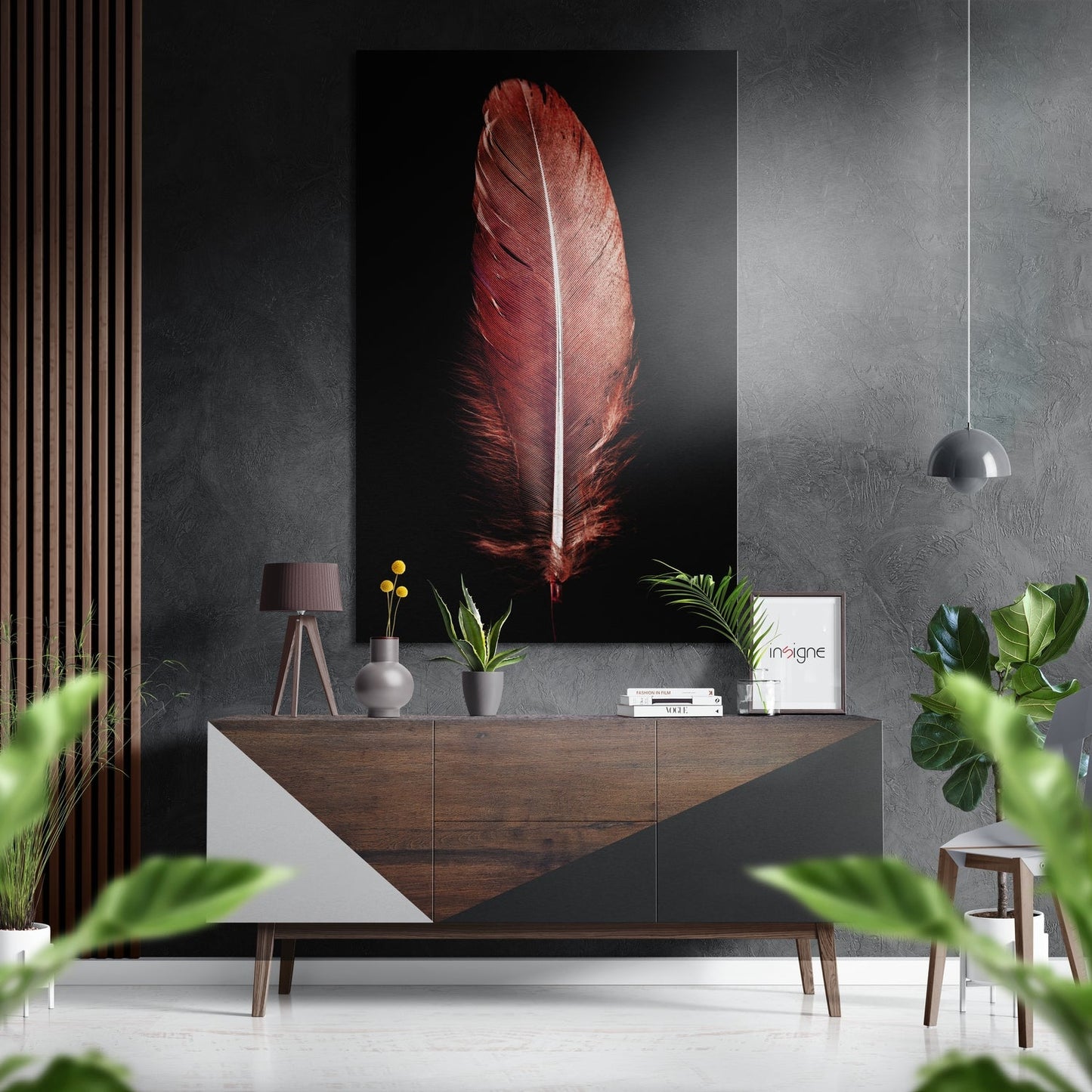 Crimson feather metal wall art