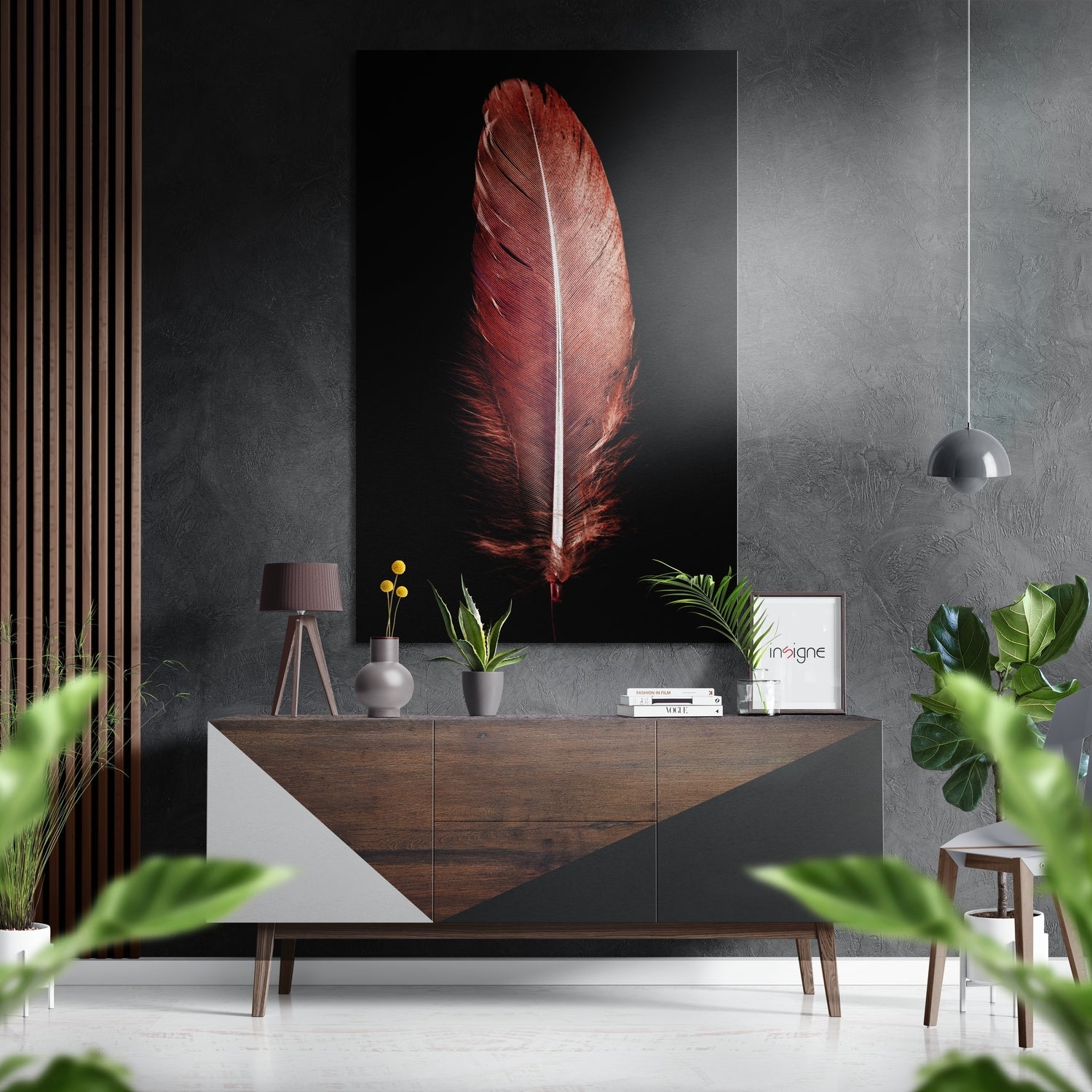 Crimson feather metal wall art