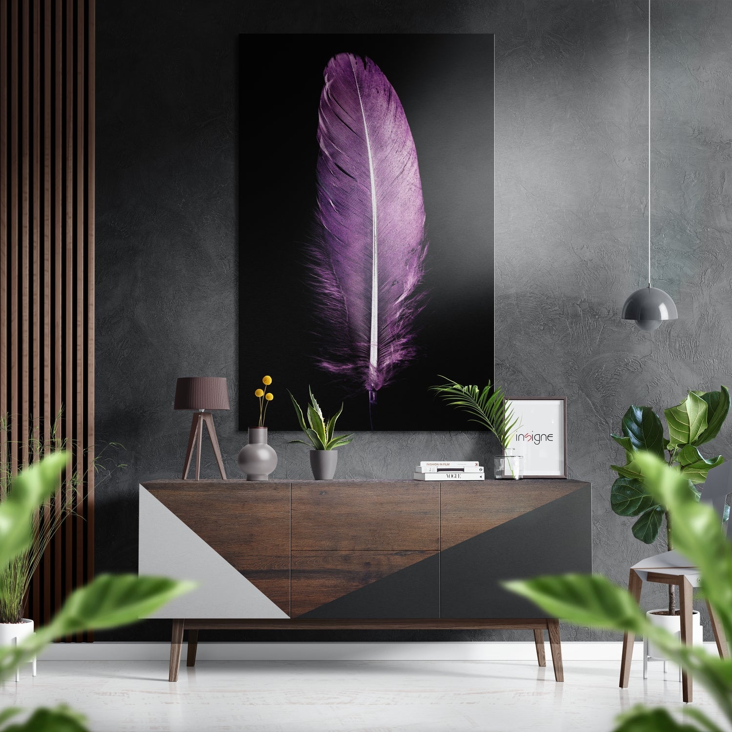 Purple Feather on Black metal wall art with brushed aluminum finish