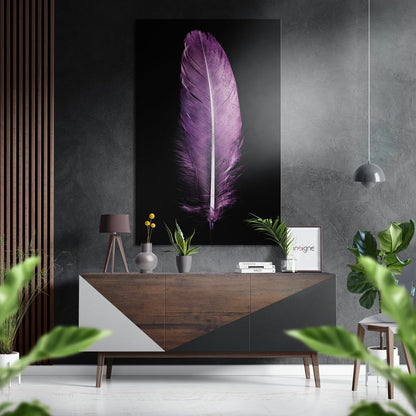 Purple Feather on Black metal wall art with brushed aluminum finish