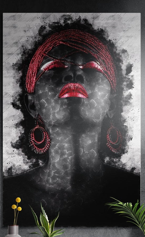 Red headwrap woman on gray smoke brushed aluminum wall art on a dark textured wall above yellow flowers and plants