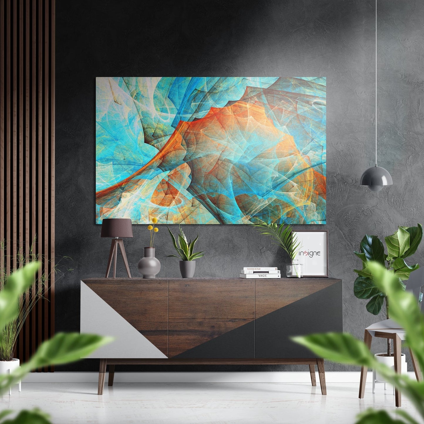 Turquoise orange leaf vein metal wall art