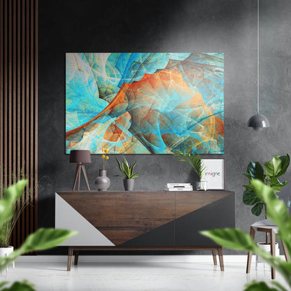 Turquoise orange leaf vein metal wall art