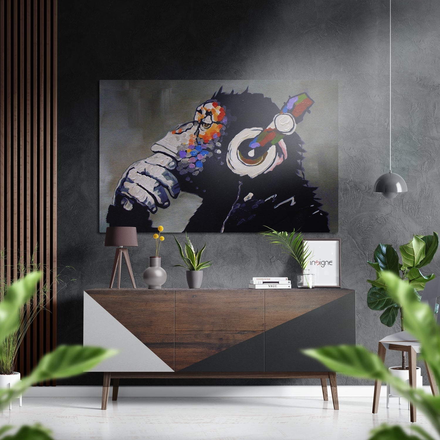 Ape the Thinker metal wall art gorilla portrait hanging on wall