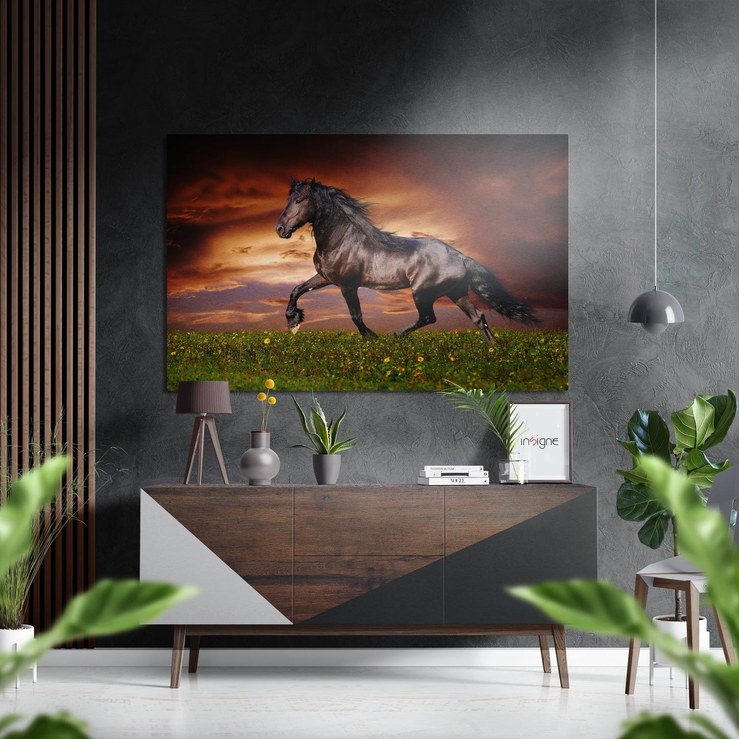 Black horse galloping at sunset metal wall art